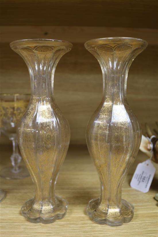 A pair of Bohemian gilt etched glass vases and assorted glassware